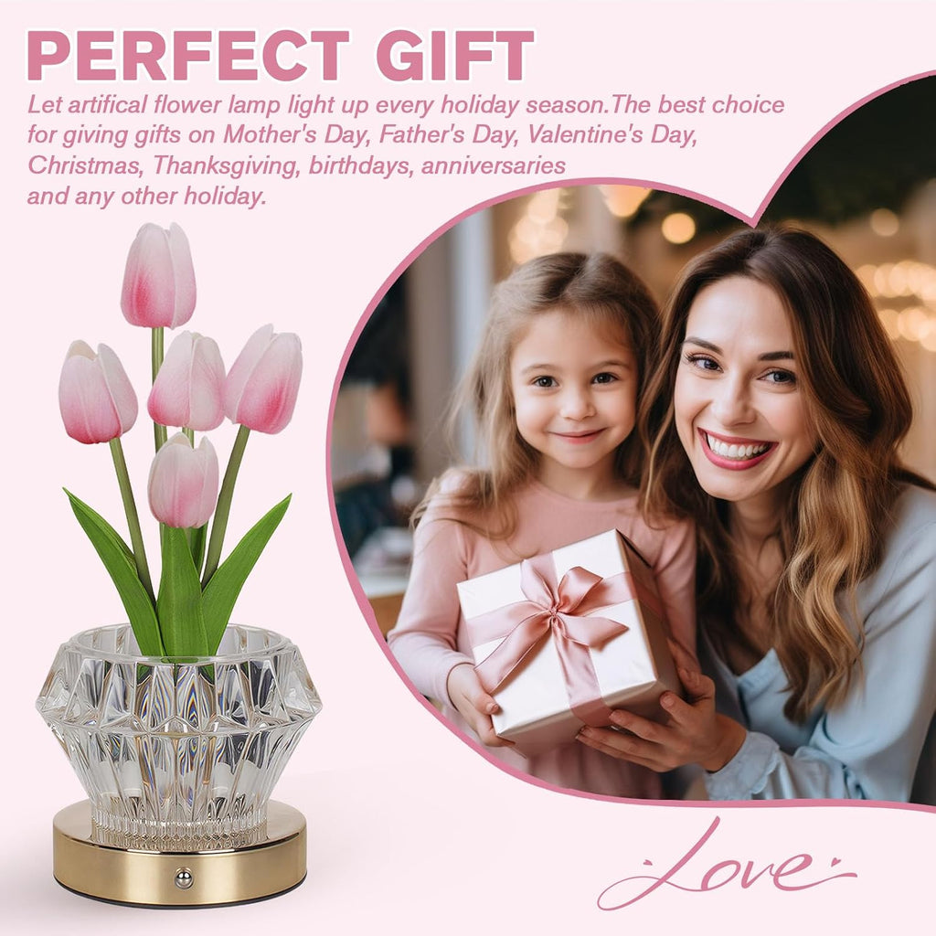 Tulip Table Lamp, 4 Modes 16 Color Changing Acrylic Crystal Night Light with Remote, Rechargeable Touch Artificial Flower Light, Protable Cordless Desk Lamp for Home Decor