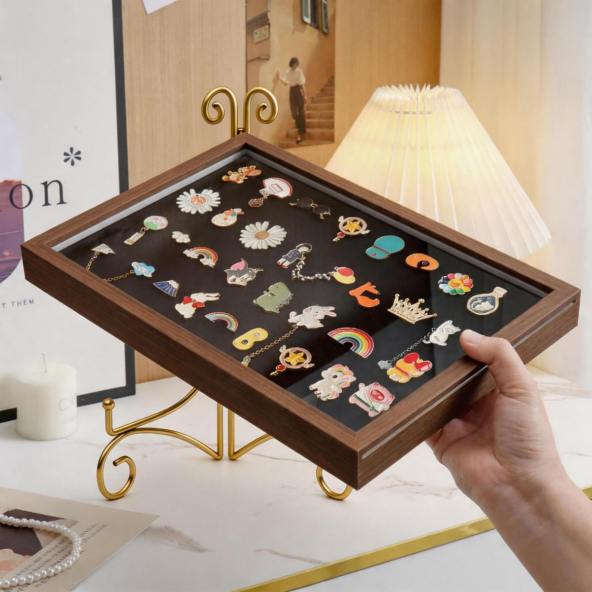 Pin Display Case with Gold Stand for Medal & Jewelry Pin Collection – Wall-Mounted or Desktop Shadow Box with Sliding Acrylic Door, 12.6 x 8.7 x 1.26 inches, Brown Wood Frame
