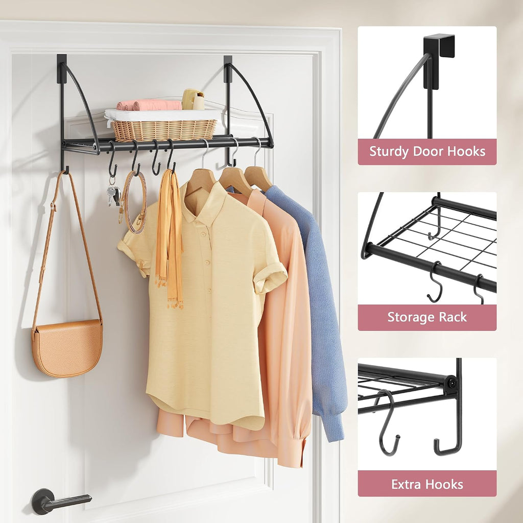 Tajsoon Over the Door Hanger with Storage Rack and 6 Hooks, 16.54" Black