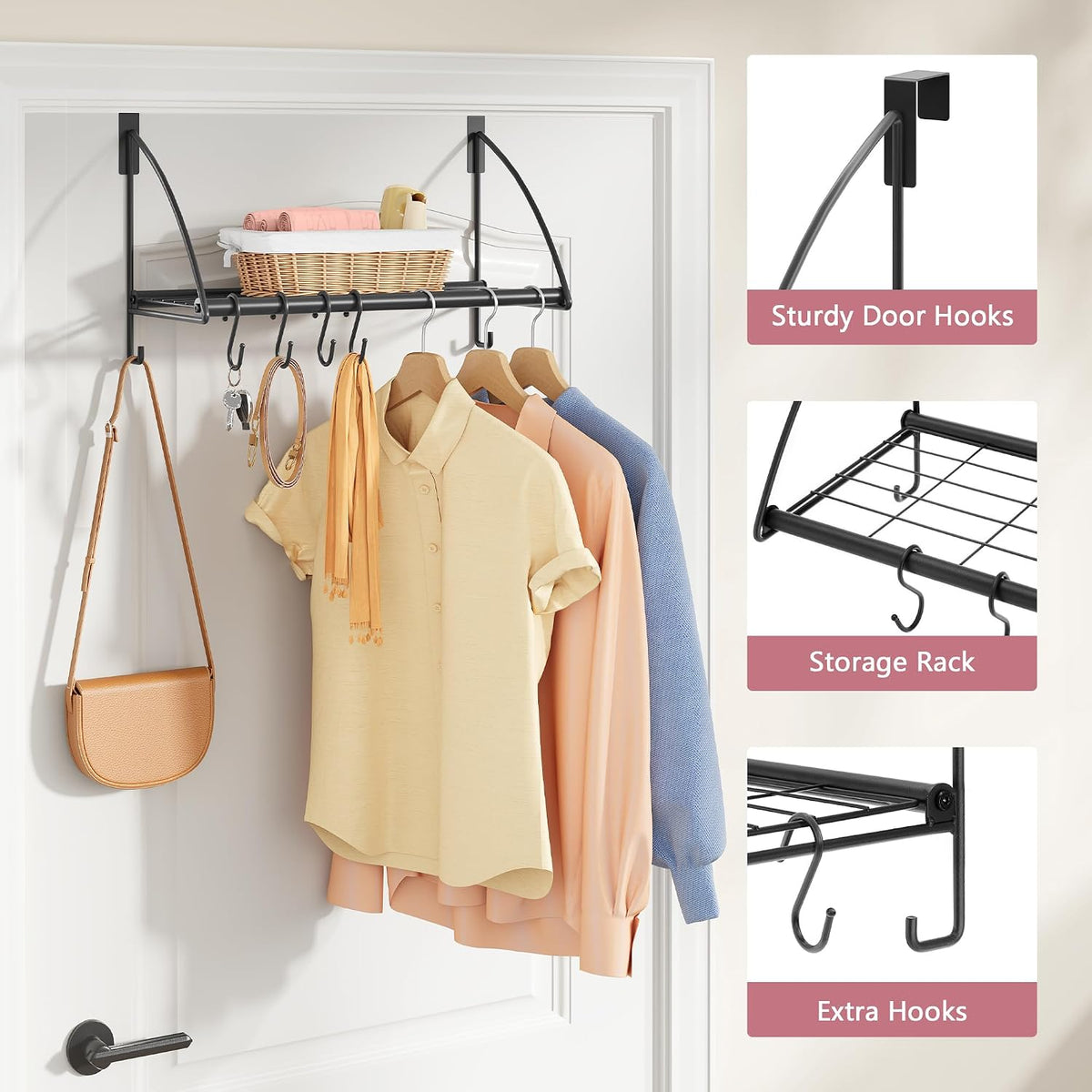 Tajsoon Over the Door Hanger with Storage Rack and 6 Hooks, 16.54" Black