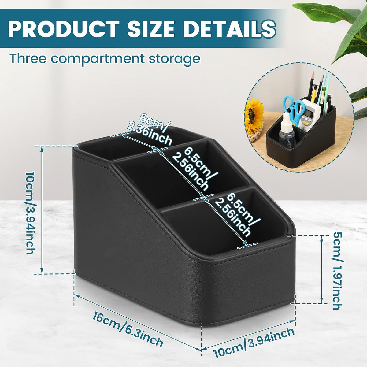PU Leather Remote Control Holder, TV Remoter Caddy Desktop, Remote Caddy Box with 3 Compartments for Nightstand Bedside Table Couch Desk, Small Storage Organizer for Glasses, Cosmetics, Office Supply