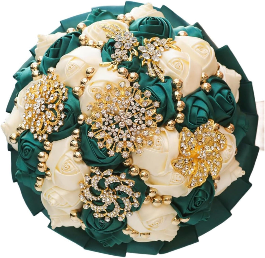 Emerald Green and Ivory Bridal Wedding Bouquet with Gold Brooch Rhinestone Pearl Satin Rose Flower Bouquet for Bride Bridesmaid Quinceanera Wedding Emerald Green and Ivory 7.1in