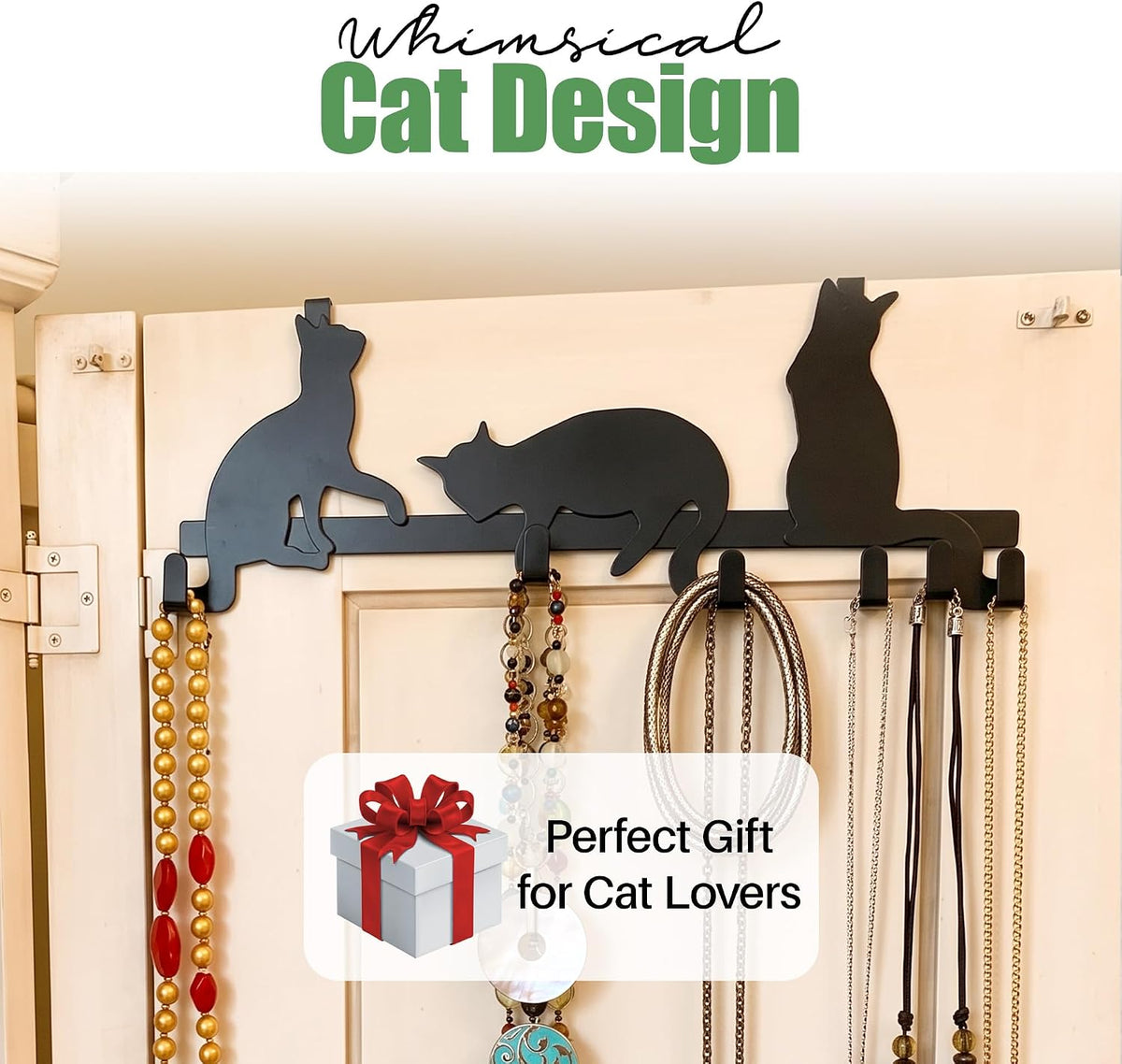 Evelots Cat Over the Door Hook Rack, 4 Hooks for Coats, Towels & Bags