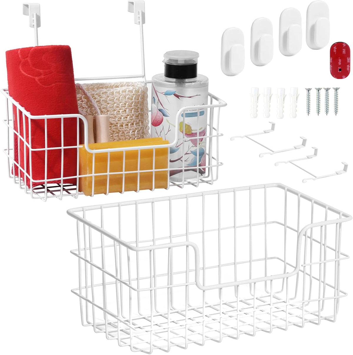 JUNCHU CHERRY Wire Storage Basket 2 Packs, Wall Mounted Kitchen Bathroom, Hanging Cabinet Door Storage Basket, no Drilling, Supporting 2 Types of Hooks, Strong Bearing, Suitable for Home, White