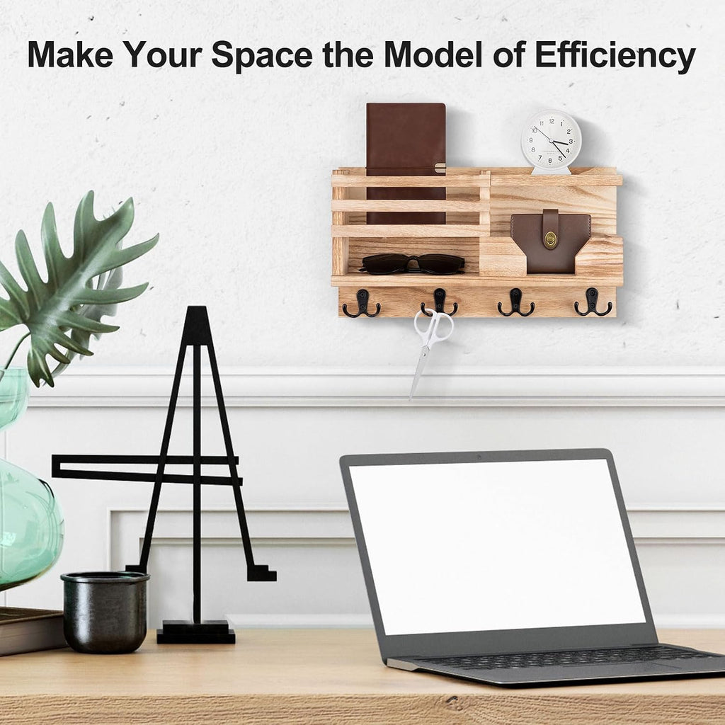 Lwenki Mail and Key Holder for Wall – Decorative 15.9” x 8.7” x 3.2” Entryway Organizer with Shelf – Paulownia Wood with 4 Dual Hooks Includes Mounting Hardware and Installation Guide (Wood)