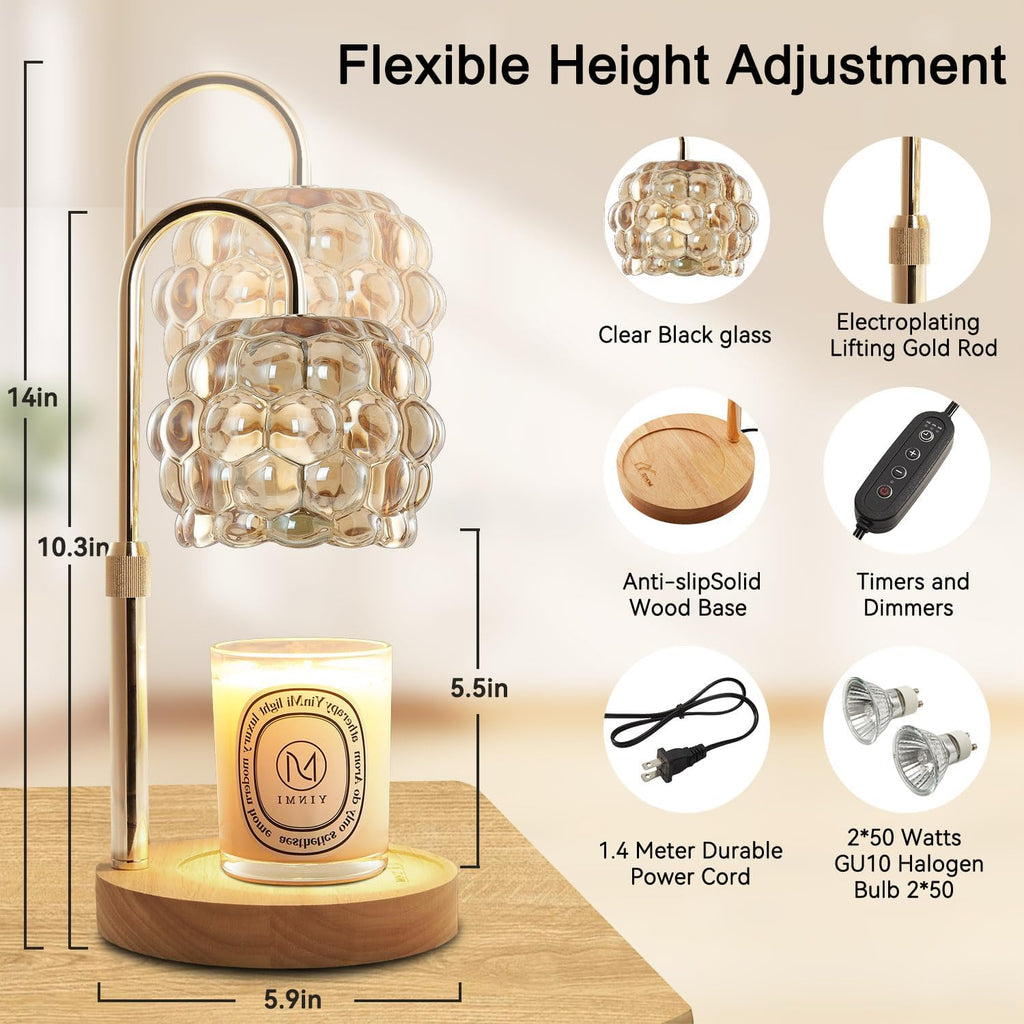 Candle Warmer Lamp with Timer Adjustable - Height Candle Warmer, Dimmer, Vintage Glass Wax Melting Lamps for Home Decor, for Candles in Jars with 2 Bulbs, Champagne Gold