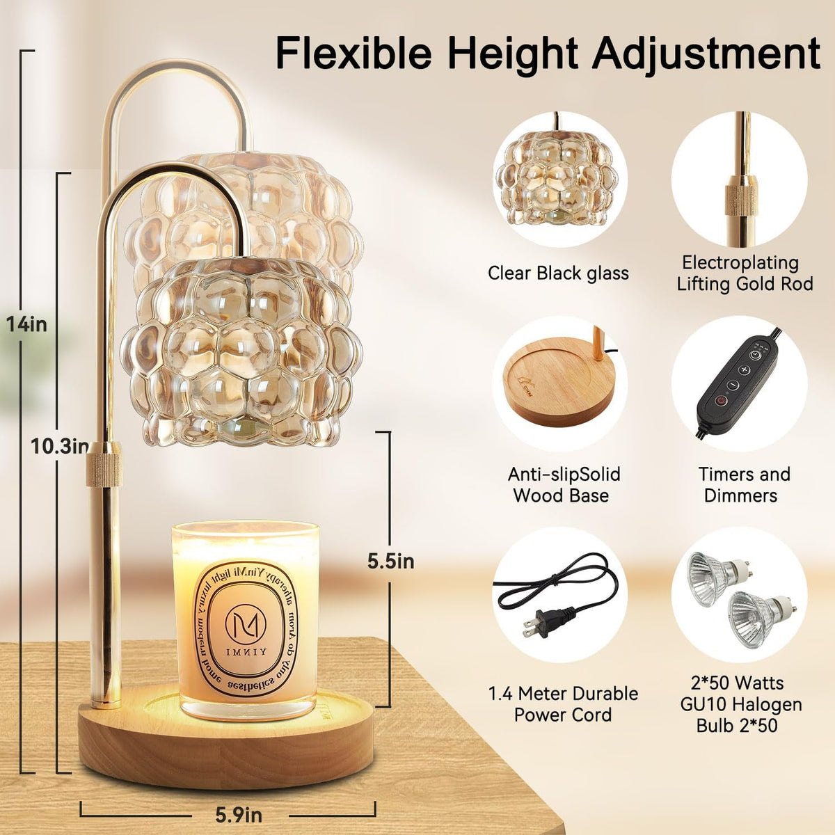 Candle Warmer Lamp with Timer Adjustable - Height Candle Warmer, Dimmer, Vintage Glass Wax Melting Lamps for Home Decor, for Candles in Jars with 2 Bulbs, Champagne Gold