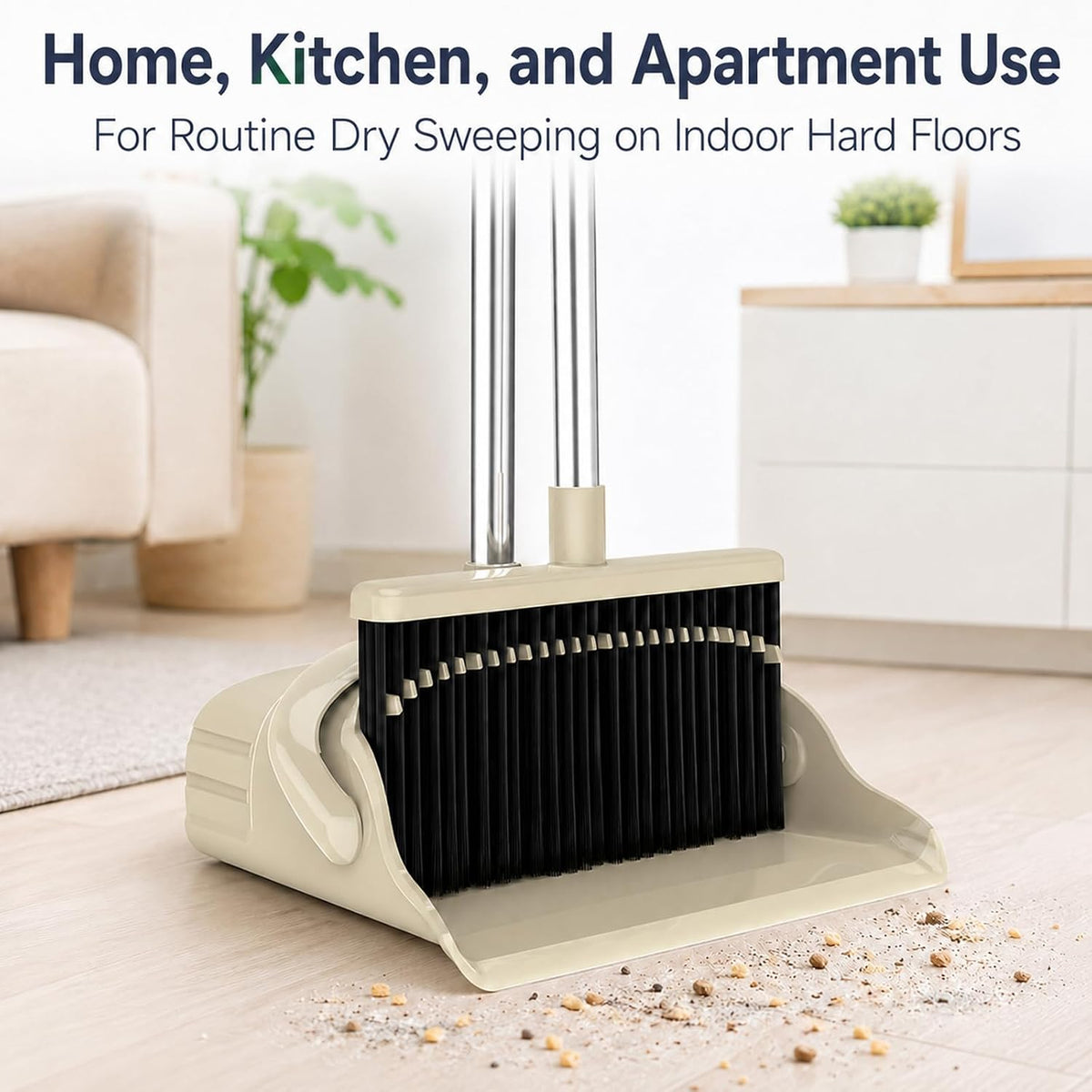 Broom and Dustpan Set, 52-Inch Adjustable Long Handle with Self-Cleaning Comb Teeth, Flexible TPR Lip and Foot-Assisted Fold-Up Dustpan for Home, Kitchen, Office and Apartment, Gray Yellow