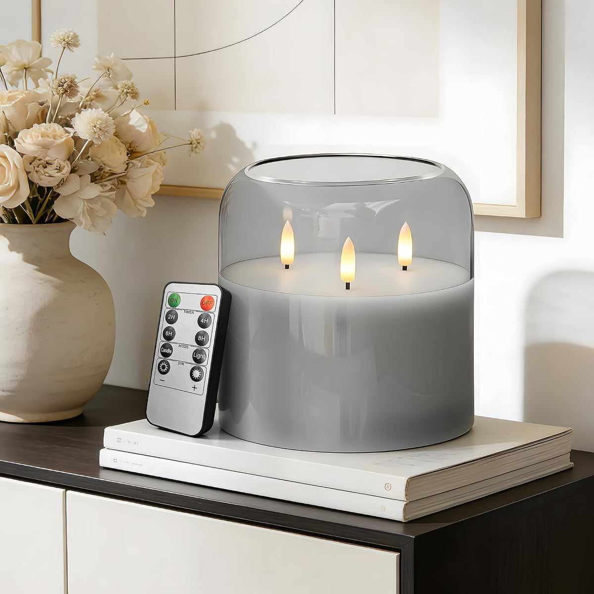 3 Wick Flameless Candle with Remote, Gray Glass, Wax, Battery Operated LED