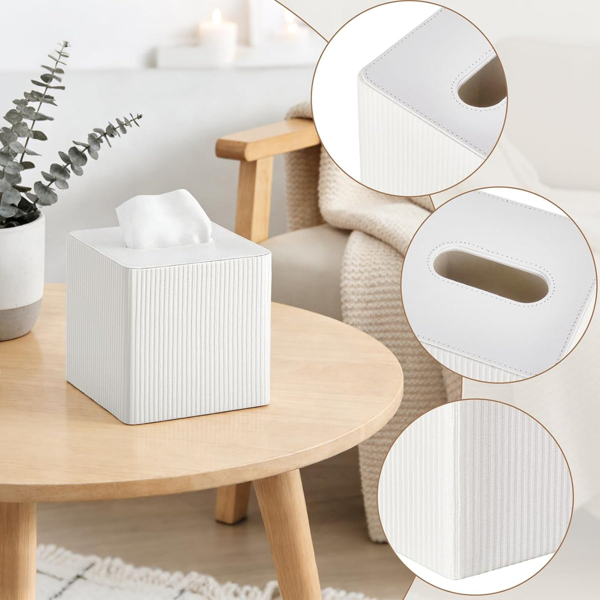 Mkono Tissue Box Cover, PU Leather Square Holder with Bottom, Beige
