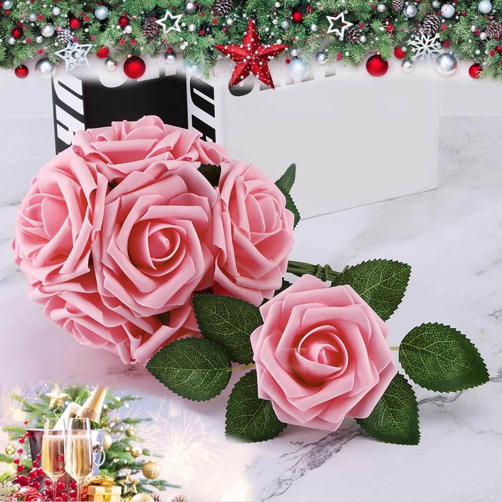Higfra Artificial Flowers 25pcs Real Looking Pink Foam Fake Roses with Stems for DIY Wedding Bouquets White Bridal Shower Centerpieces Arrangements Mothers Day Party Tables Decorations