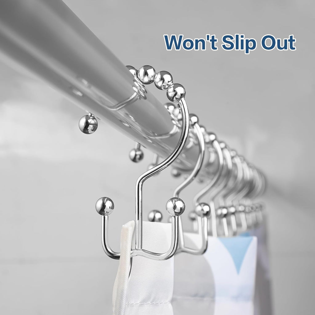 DAWNER Shower Curtain Hooks, Rust Proof Metal Easy Glide Double Rings, Stainless Steel Hangers for Bathroom Curtains, Set of 12, Polished Chrome (Pack of 3)