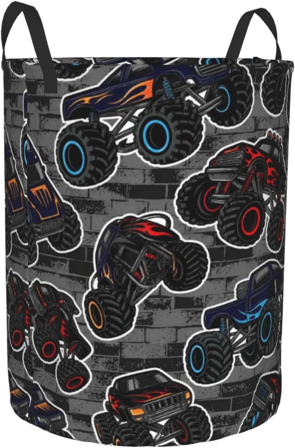 Monster Truck Boys Style Round Laundry Hamper Storage Basket Toys Clothes Organizer Bin For Home Bathroom Bedroom Dorm Nursery, 38l