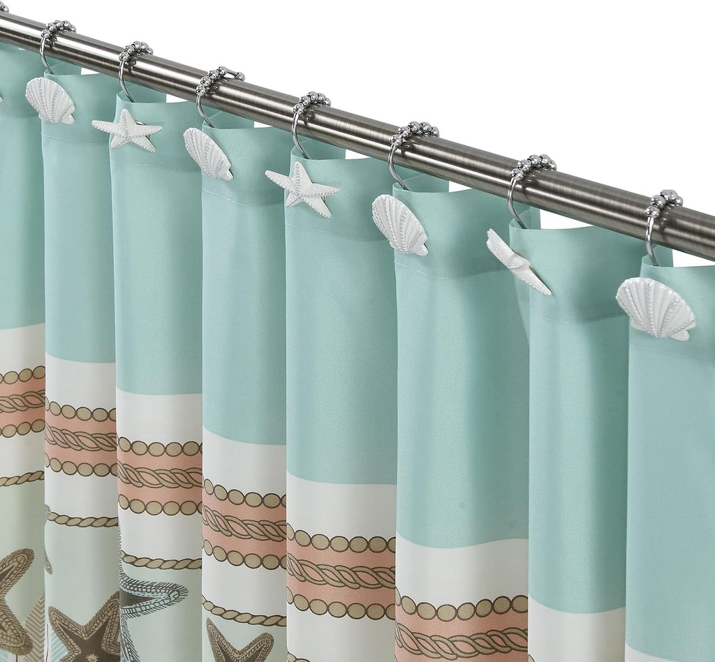 Coastal Seashell Shower Curtain Hooks, Under the Sea Beach Starfish Bathroom Shower Curtain Hooks Rust Proof, 5 Roller Ring Balls White Decorative Shower Hooks for Shower Curtain, Set of 12