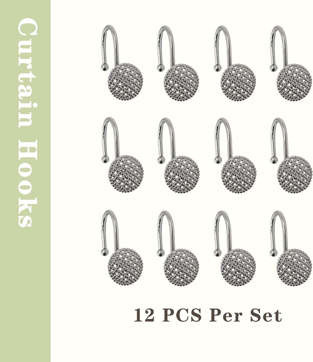 Silver Shower Curtain Hooks, 12 Pack Modern 3D Beaded Decorative Shower Curtain Rings, Rust Proof Heavy Duty Metal Shower Hangers for Bathroom Rods