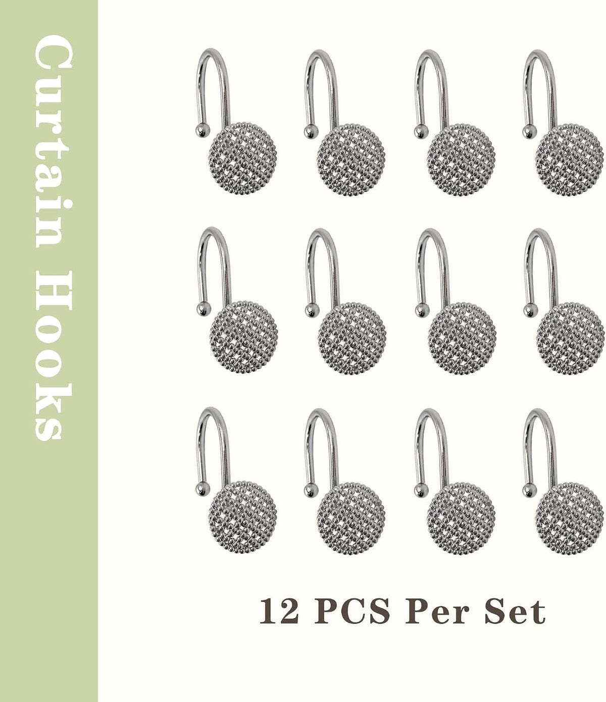 Silver Shower Curtain Hooks, 12 Pack Modern 3D Beaded Decorative Shower Curtain Rings, Rust Proof Heavy Duty Metal Shower Hangers for Bathroom Rods