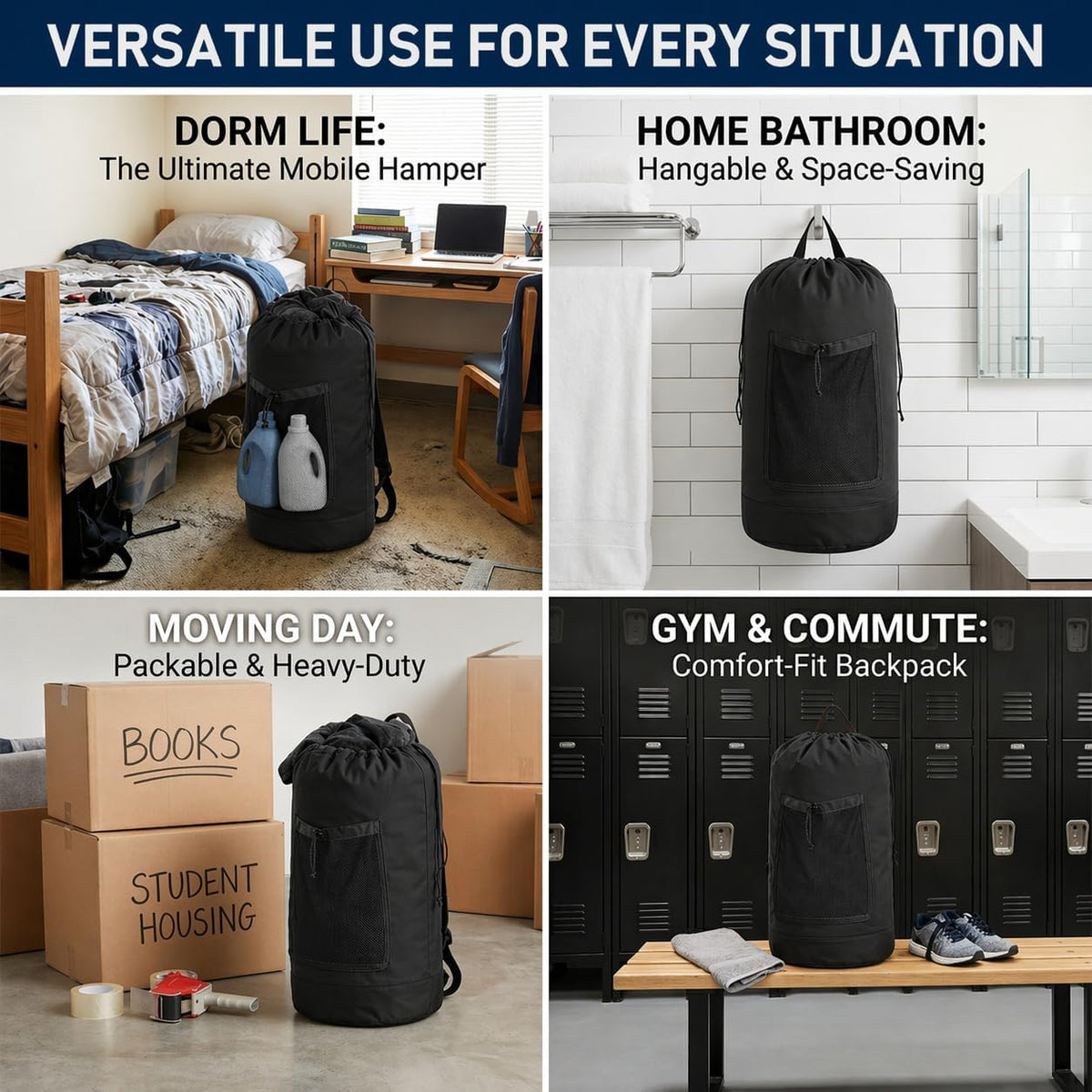 Backpack Laundry Bag Durable Polyster Laundry Backpack Bag with Shoulder Straps, Drawstring Closure & Mesh Pocket, Large Clothes Hamper for Dorm, Travel, Laundromat (Black)