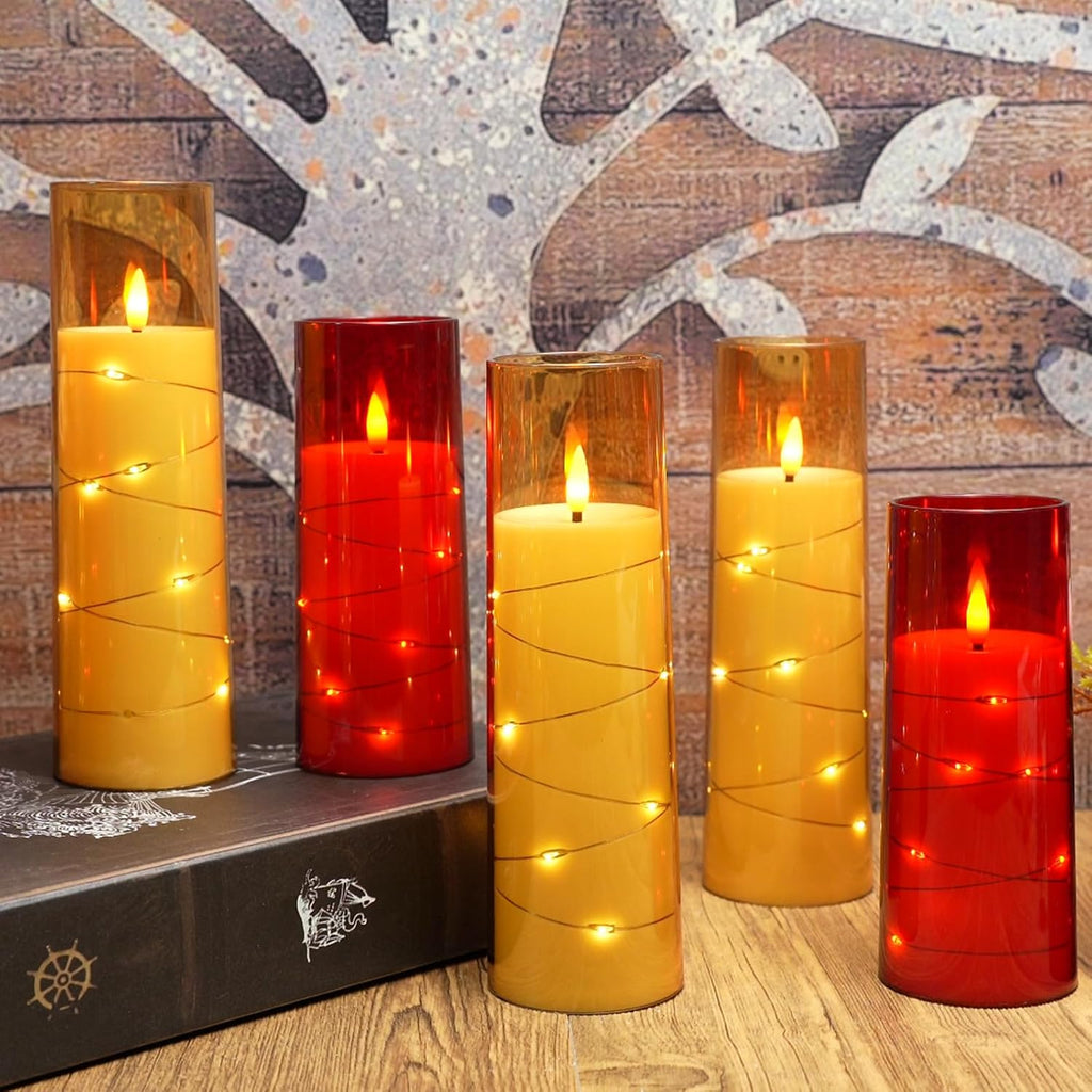 Eebuss Flameless Candles with Embedded Star String, Battery Operated LED Pillar Candles with Timer and Remote Control,Home Decorating for Ambiance， Set of 7 (Gold)