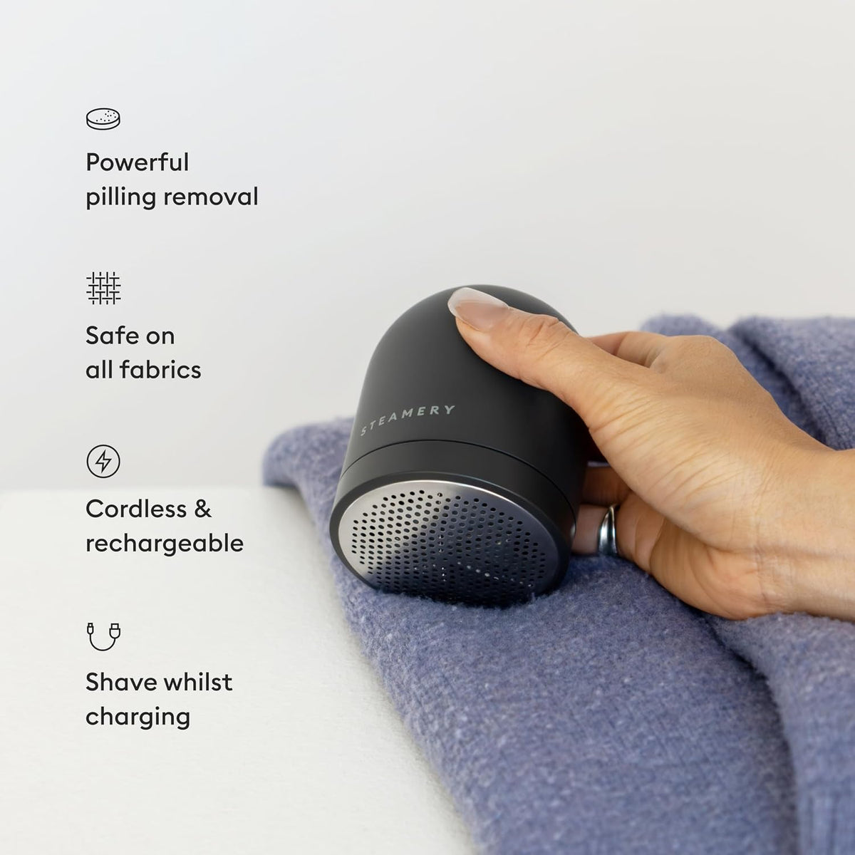 Steamery Pilo Icon Fabric Shaver for Clothes, Rechargeable Lint Remover & Sweater Shaver with USB-C, Replaceable Battery, Dual Mesh Covers, Large Shaving Surface, Scandinavian Design (Black)