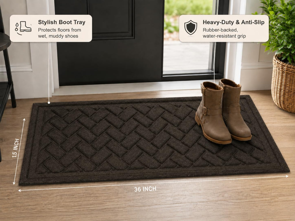 Mats Inc. Artisan Entry Boot Tray Brick Design, Indoor Mats for Entryway, Durable & Easy to Clean Tray for Boots, Anti-Slip & Water-Resistant for Front Room, Made in The USA, 15" x 36", Walnut