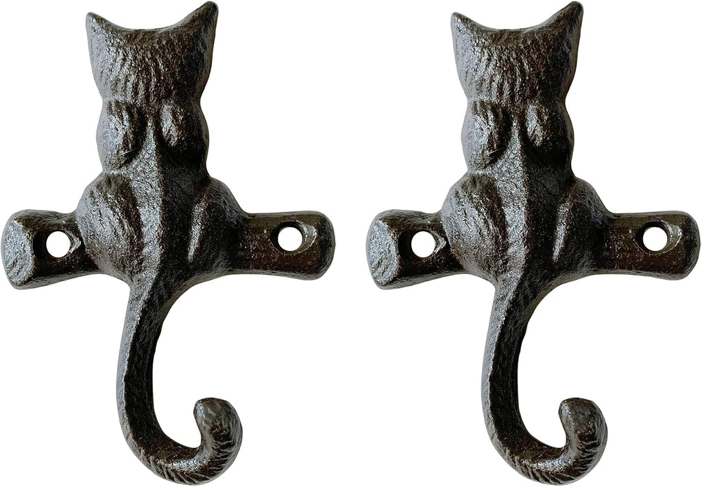 Rustic Cat-Shaped Decorative Wall Hook Rack Hangers for Hanging Clothes, Coats, Towels, Keys, and Hats, 2 Pack Antique Cast Iron Mounted Wall Hooks