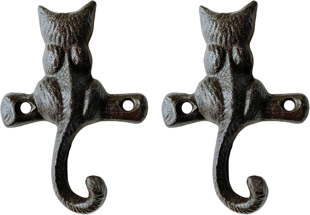 Rustic Cat-Shaped Decorative Wall Hook Rack Hangers for Hanging Clothes, Coats, Towels, Keys, and Hats, 2 Pack Antique Cast Iron Mounted Wall Hooks