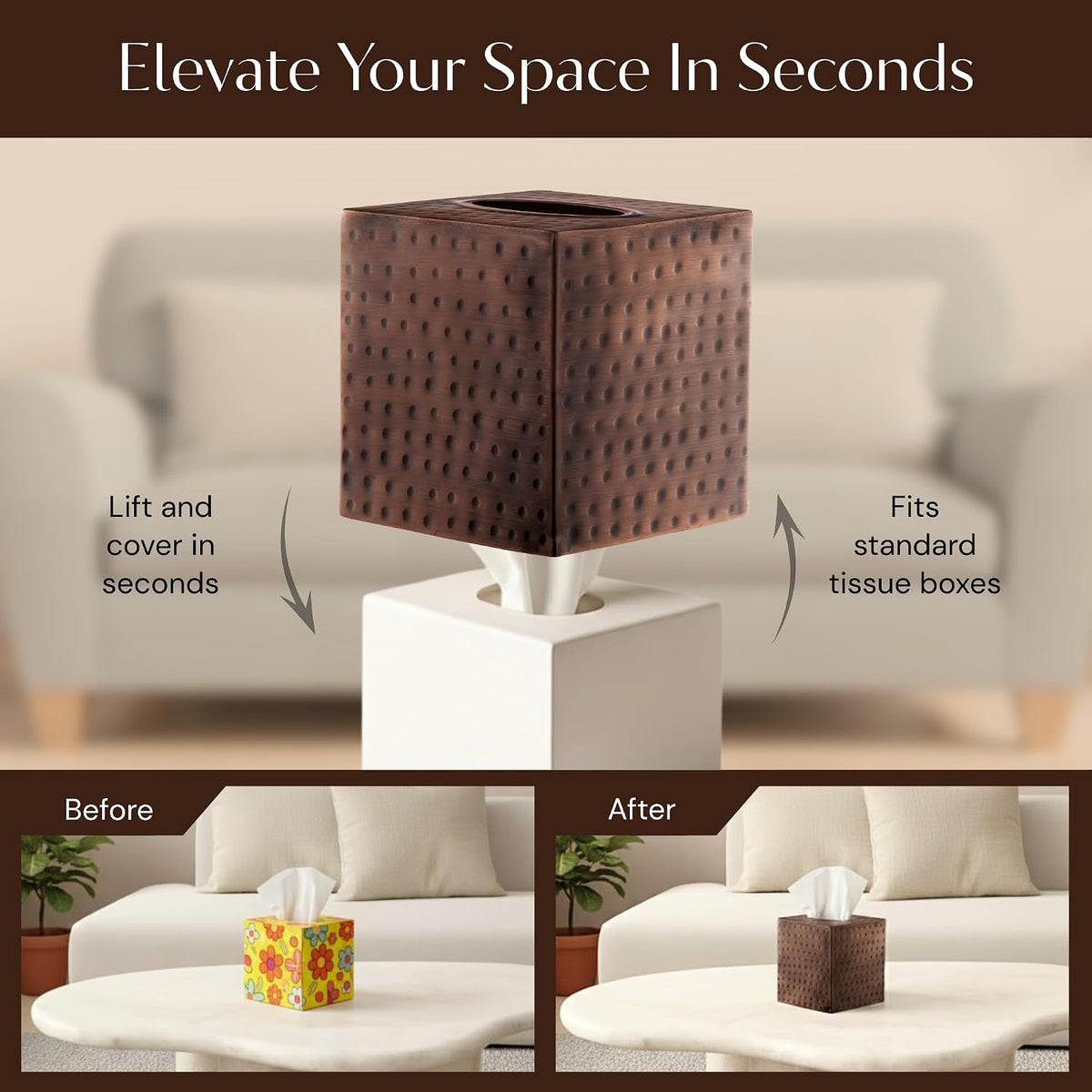 Monarch Abode Tissue Box Cover Square – Hand Hammered Antique Copper Metal Tissue Holder Box for Bathroom Accessory, Aesthetic Decorative Facial Napkin Cube for Modern Home Decor