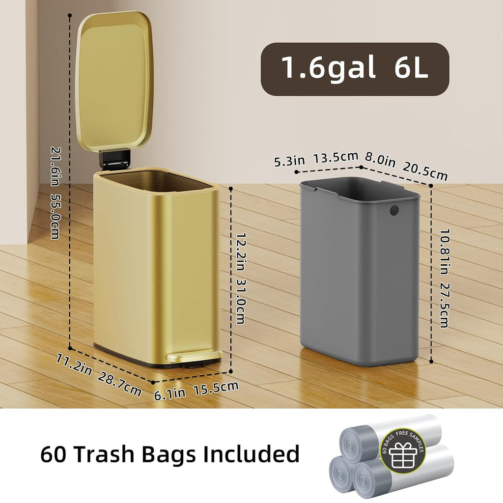 KSSKSS Small Bathroom Trash Can with Lid Soft Close, Step Pedal, 6L / 1.6 Gal Stainless Steel Garbage Bin with Removable Inner Bucket, Slim Wastebasket for Narrow Spaces (Gold)