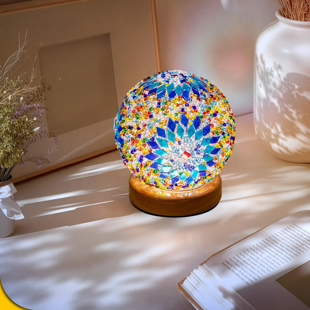 Turkish Mosaic Lamp, 3 Color Temperature Tiffany Bedside Lamp with USB Power, Moroccan Glass Lantern Table Lamp for Living Room Decor, Simple Control (D:4.7" x H:5.2") (Blue1)