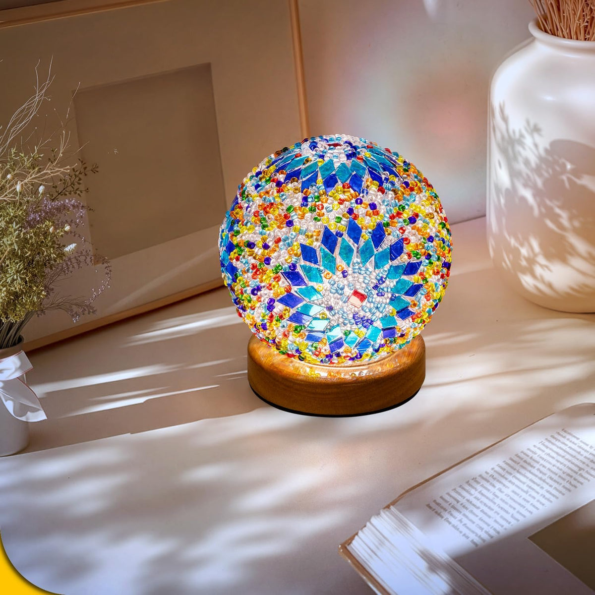 Turkish Mosaic Lamp, 3 Color Temperature Tiffany Bedside Lamp with USB Power, Moroccan Glass Lantern Table Lamp for Living Room Decor, Simple Control (D:4.7" x H:5.2") (Blue1)