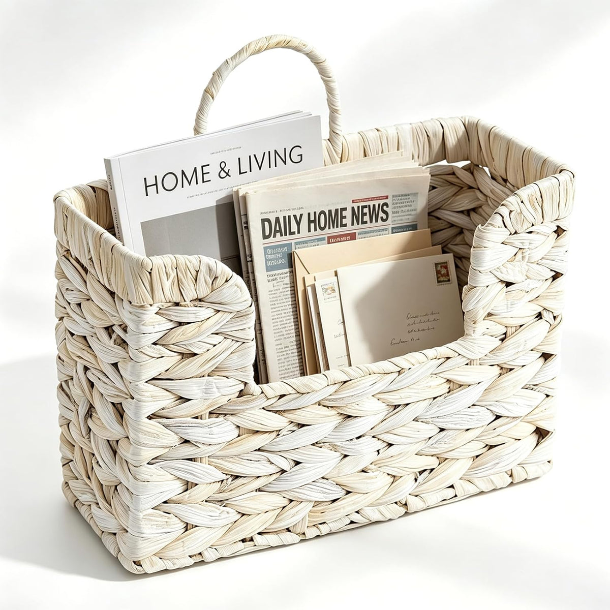 Hanging Magazine Basket, Woven Wall Magazine Holder Organizer with Handle for Mail, Files, Books - Water Hyacinth Farmhouse Storage Rack for Bathroom, Kitchen, Office (1, White)