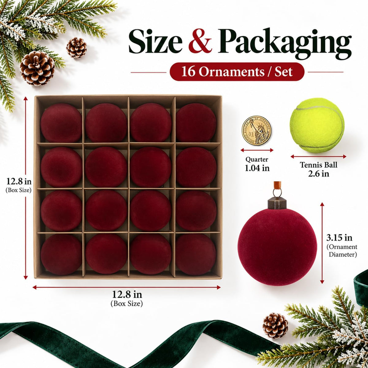 3.15" Burgundy Velvet Christmas Ball Ornaments Set, 16 pcs Flocked Red Xmas Tree Decoration, Large Shatterproof Decorative Hanging Balls for Party Holiday Wreath Garland Home Décor