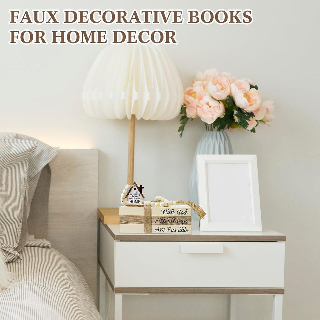 Tatuo 4 Pcs Wooden Farmhouse Decorative Books for Home Decor, God Bless