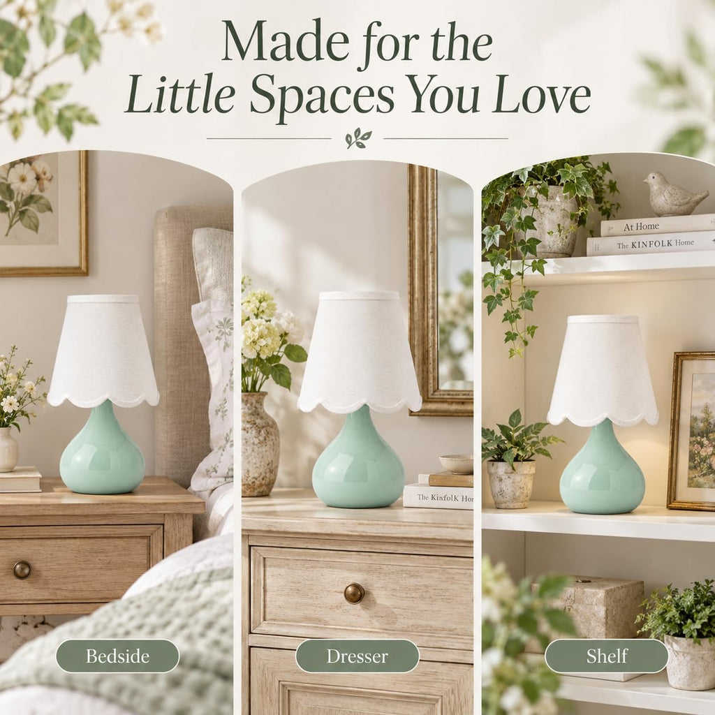 14 Inch Cordless Ceramic Table Lamp with Scalloped Shade, Celadon Green