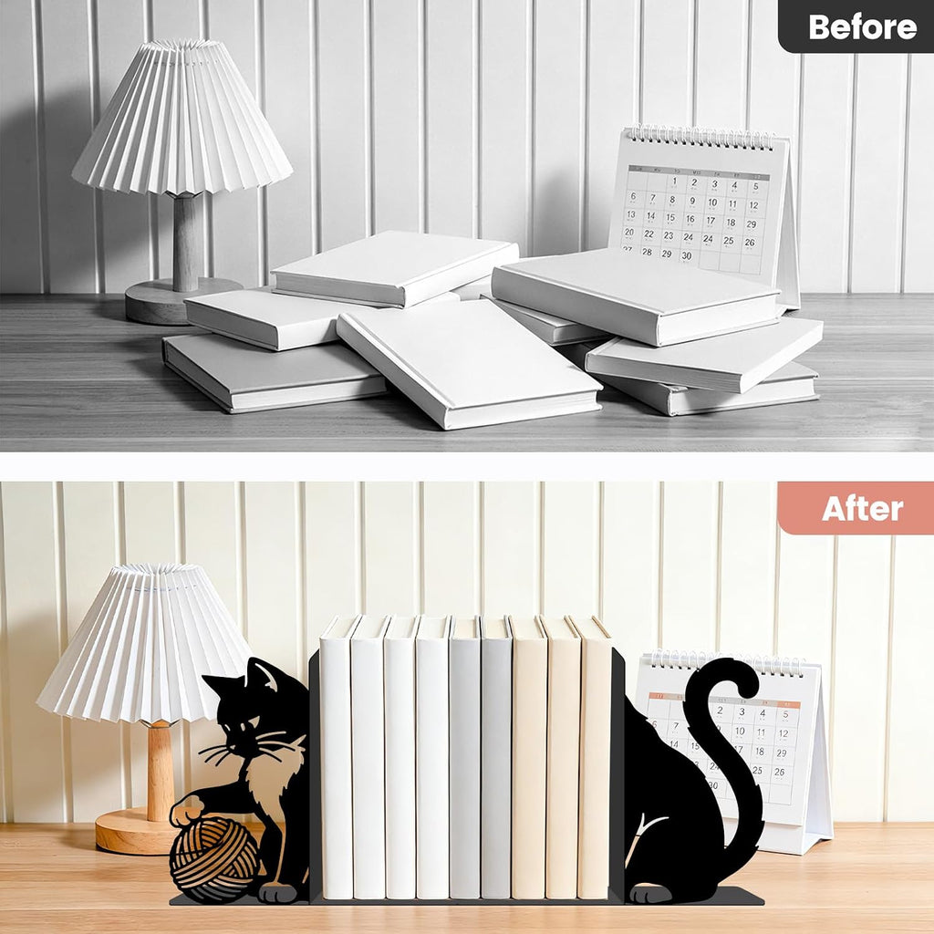 2pcs Cute Cat Metal Bookends Heavy Duty Adjustable Book Stopper for Shelves and Desk Decorative Cute Black Bookends for Heavy Books Cookbooks Vinyl Records with Non-Slip Pads