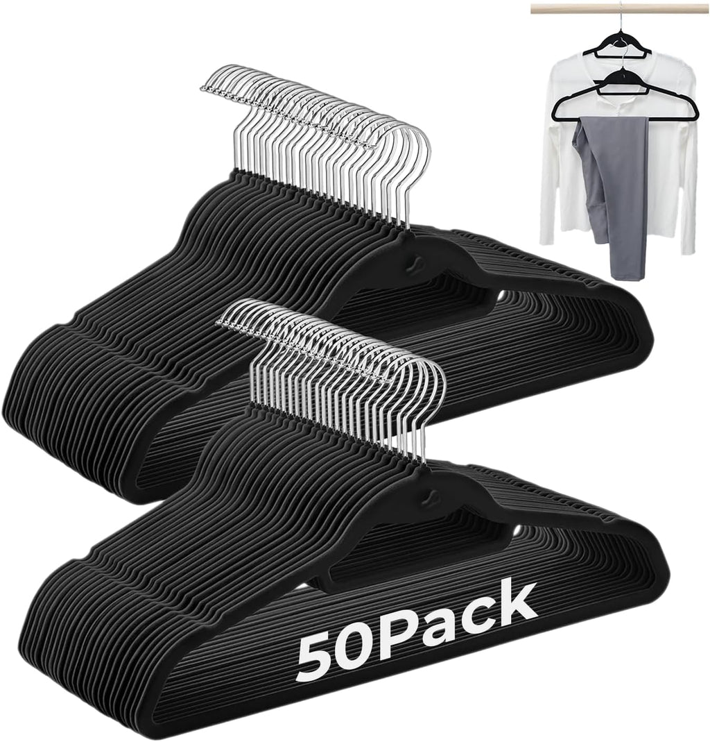 Black Velvet Hangers, Stackable Hanger with Non Slip Felt Fabric