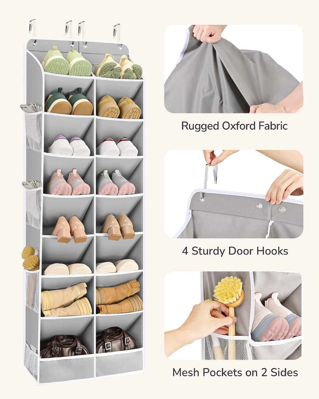 ULG Over The Door Shoe Organizer with 16 Large Pockets, Hanging Shoe Rack for Closet Door, Space Saving Shoe Storage for Boots, Heels & Sneakers,Grey
