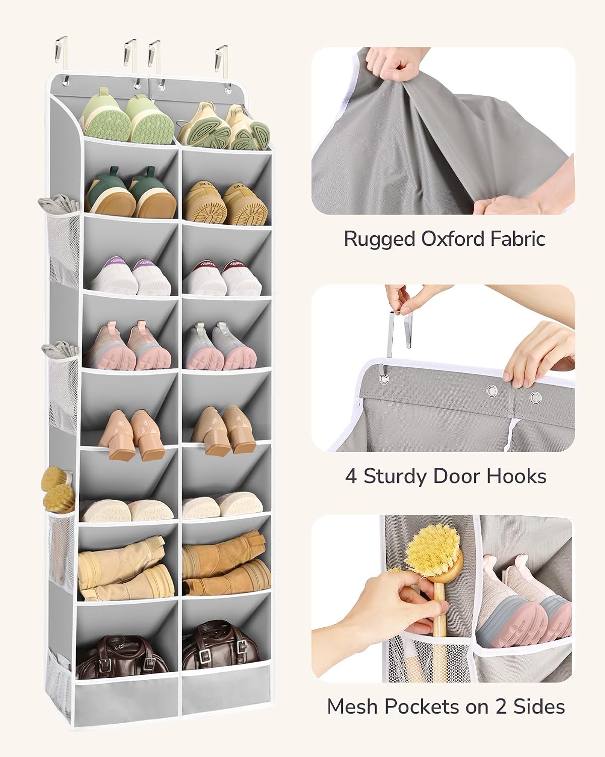 ULG Over The Door Shoe Organizer with 16 Large Pockets, Hanging Shoe Rack for Closet Door, Space Saving Shoe Storage for Boots, Heels & Sneakers,Grey