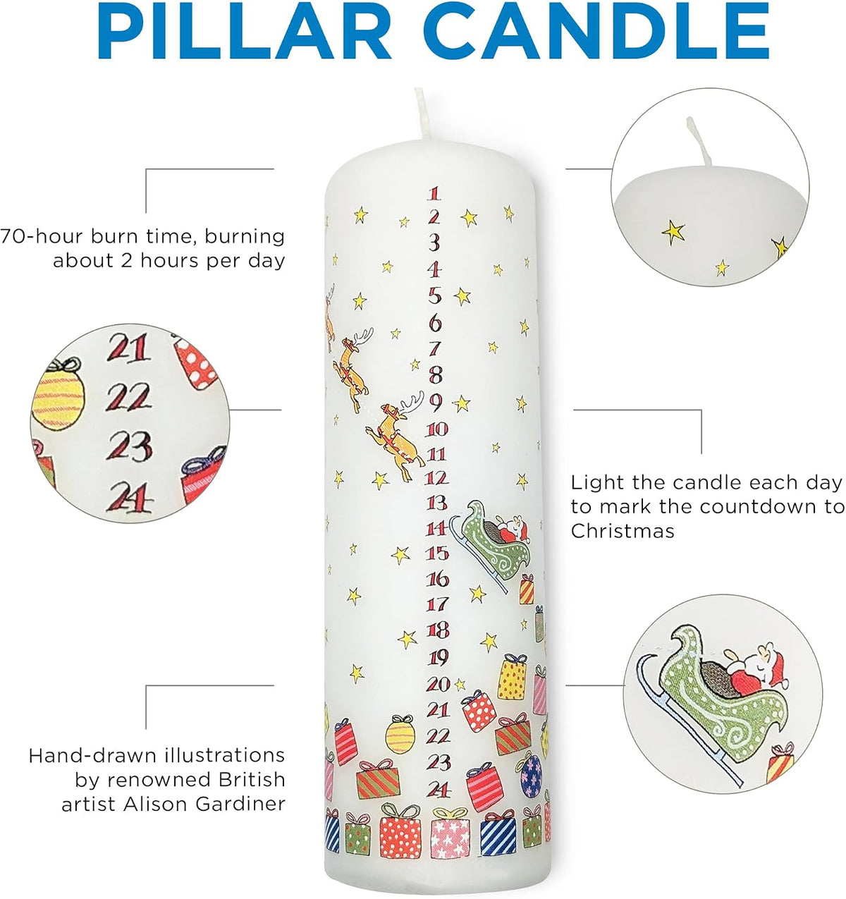 Alison Gardiner Santa's Sleigh Pillar Candle, 70hr Burn, Unscented