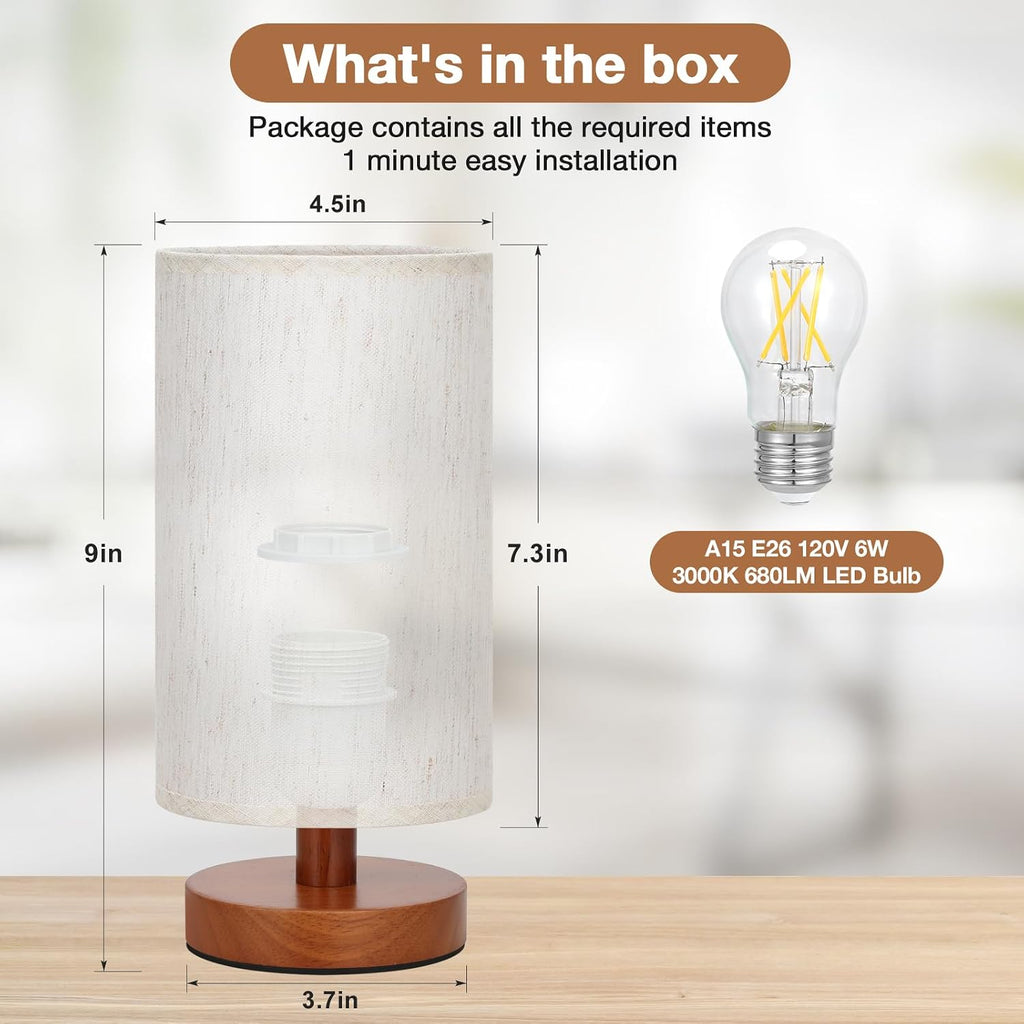 Fenmzee Small Table Lamps (Cream Shade - Walnut Base, 9" Inline Control)