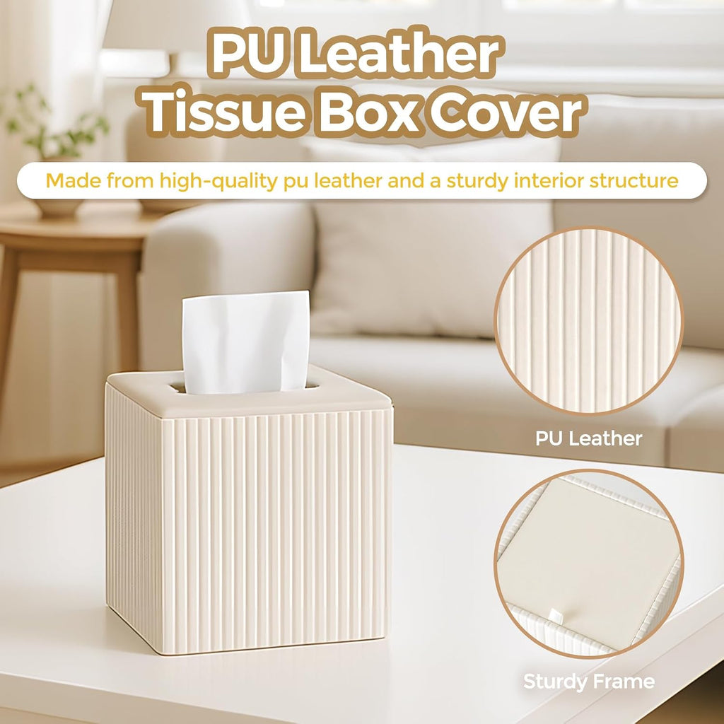 2 PC Leather Ivory White Tissue Box Cover, Square Tissue Box Holder Compatible with Kleenex for Bathrooms