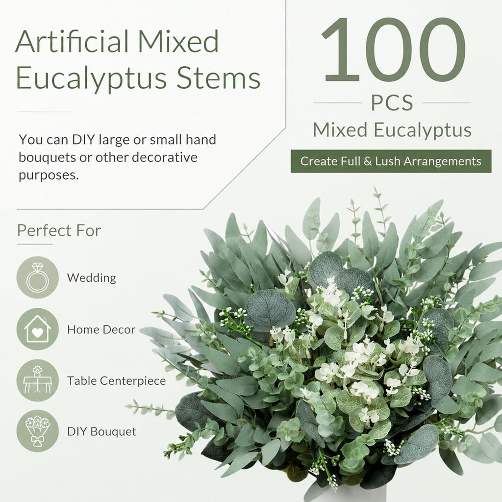100 Pcs Mixed Artificial Eucalyptus Stems Leaves Bulk, 4 Kinds Faux Greenery Silver Dollar Dried Flowers Plant Leaves for Wedding Decor Centerpieces Vase Bouquet Floral Arrangements
