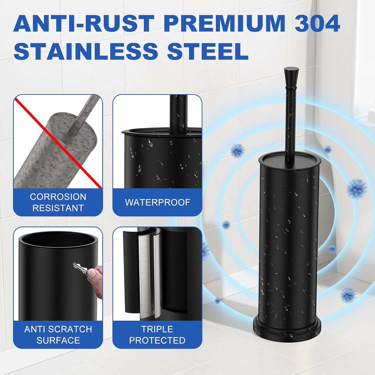 Toilet Brush and Holder Set：304 Stainless Steel Heavy Duty Toilet Bowl Brush，Removable Inner Bowl and Splash Protection，Bathroom Toilet Brush-Dense Bristles for Through Cleaning