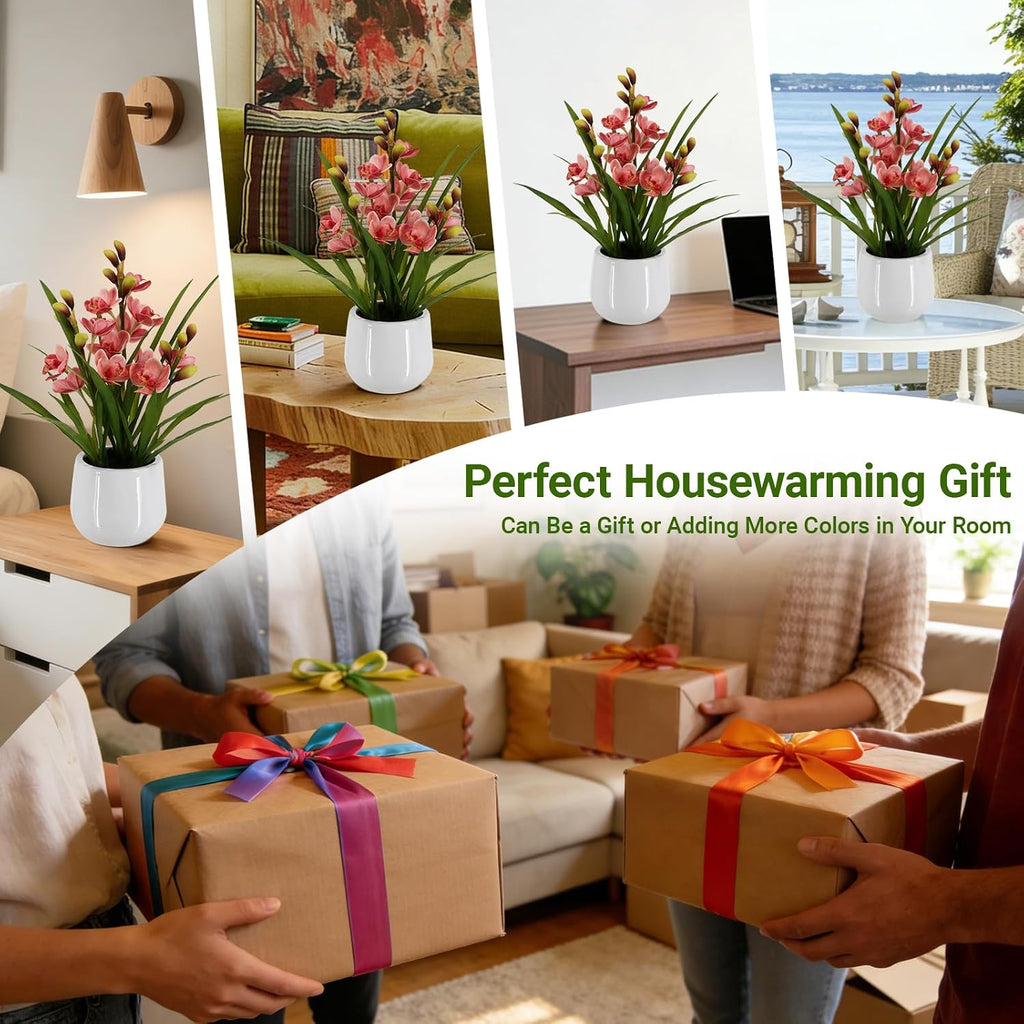 Faux Orchid Plant 19" Tall, Realistic Touch Leaves, Potted Cymbidium Artificial Plants Indoor for Home Decor Small Office Home Living Room-Pink