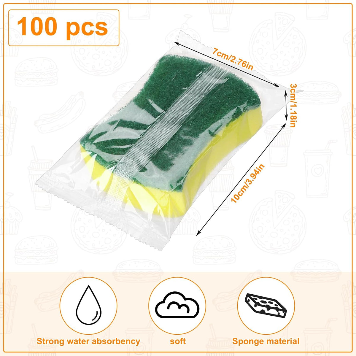 100 Pcs Individually Wrapped Sponges,Uncompressed Non Scratch Bulk Green