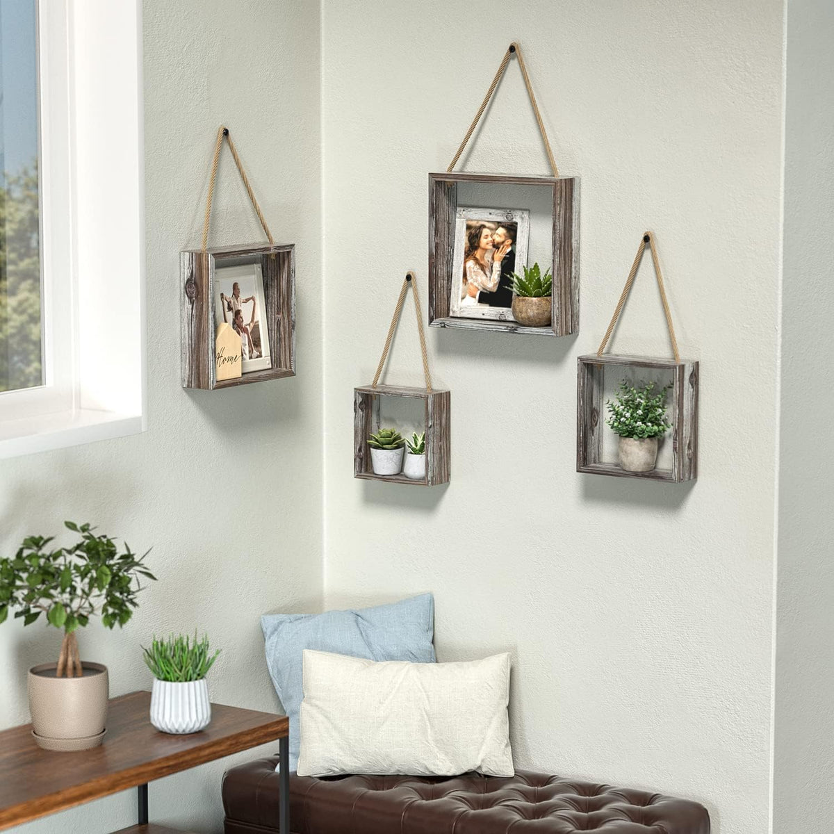 J JACKCUBE DESIGN Wall Decor Floating Hanging Square Shelves Wall Mounted Rustic Wood Cube Display Shelf Shadow Boxes Decorative Boho Home Décor for Living Room, Bedroom, Office, Set of 4 - MK571A