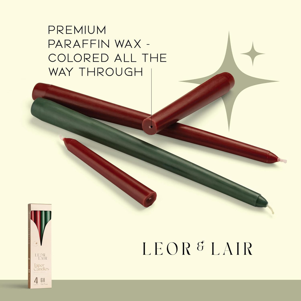 Leor & Lair Christmas Taper Candles, Set of 4, 10 Inch, Red & Green