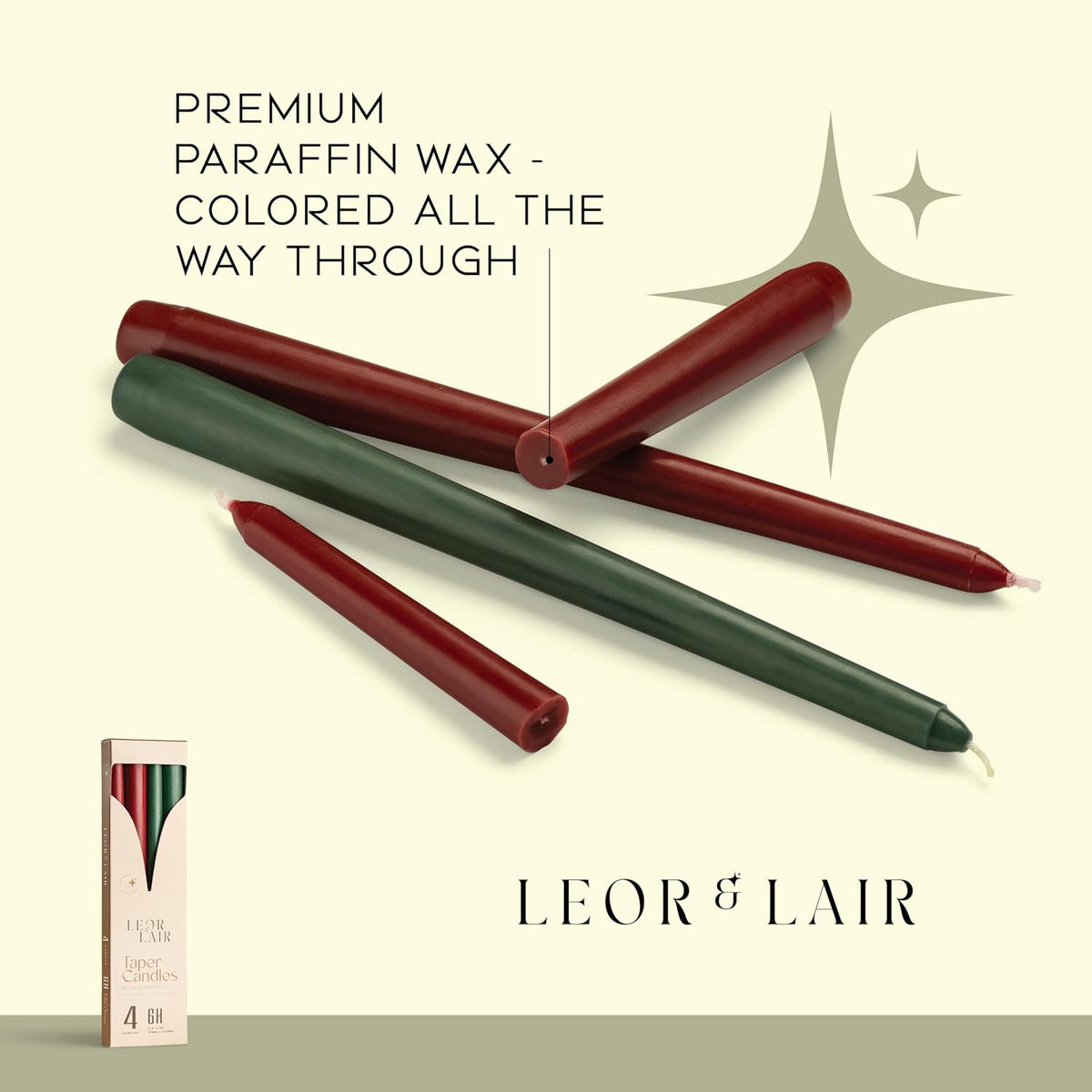 Leor & Lair Christmas Taper Candles, Set of 4, 10 Inch, Red & Green
