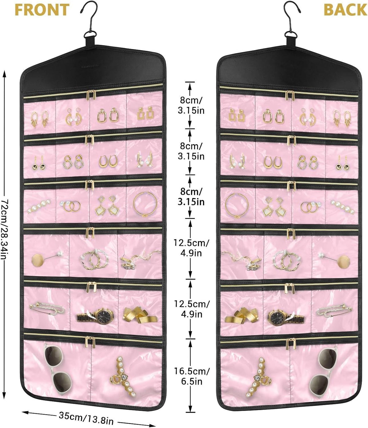 CHICECO Hanging Jewelry Organizer With Zippered Pockets,40 Pockets Travel Jewelry Organizer Storage (Pink)