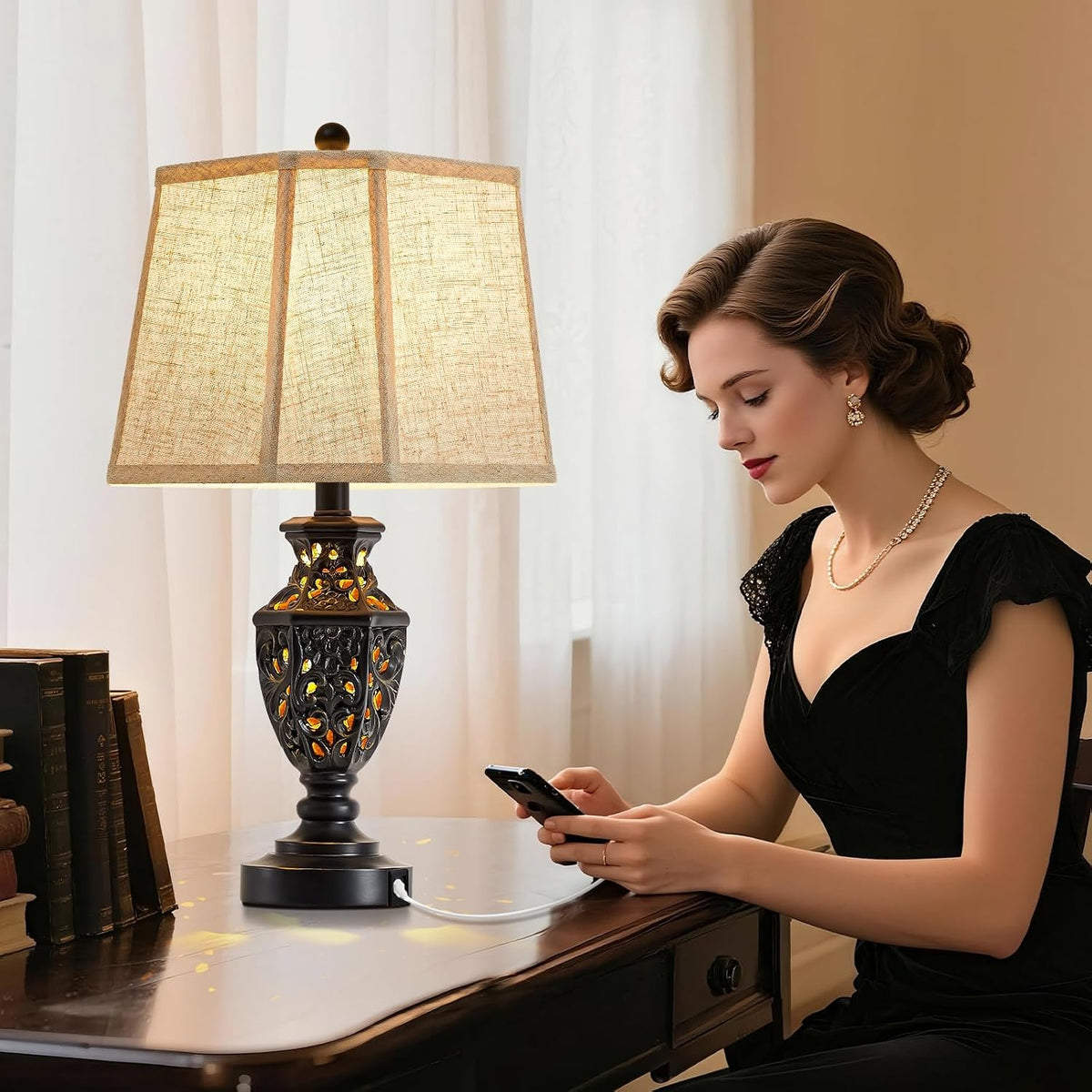 EJIAXIN Lamps for Night Stands Set of 2-23.5" Vintage Bedside Lamp with USB A+C and Nightlight - Black Retro Carved Resin Farmhouse Table Lamp for Bedrooms, End Tables, Living Room, Bulbs Included